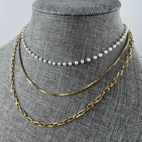 3 Layer Pearl Necklace Three Layer Pearl Necklace Gold Layered Chain Necklace - Picture 8 of 13